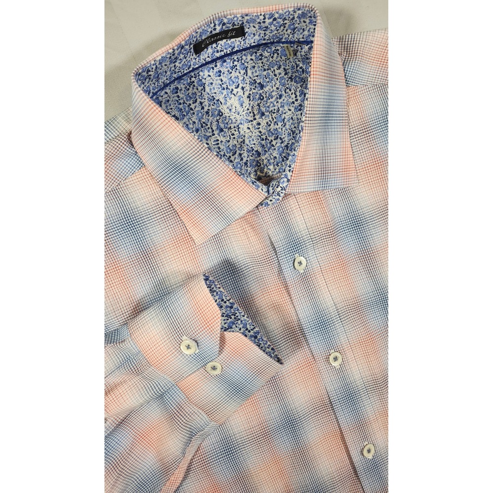 Bugatchi Uomo Classic Fit Mens Orange Blue Plaid Floral Trim Button Down Shirt M